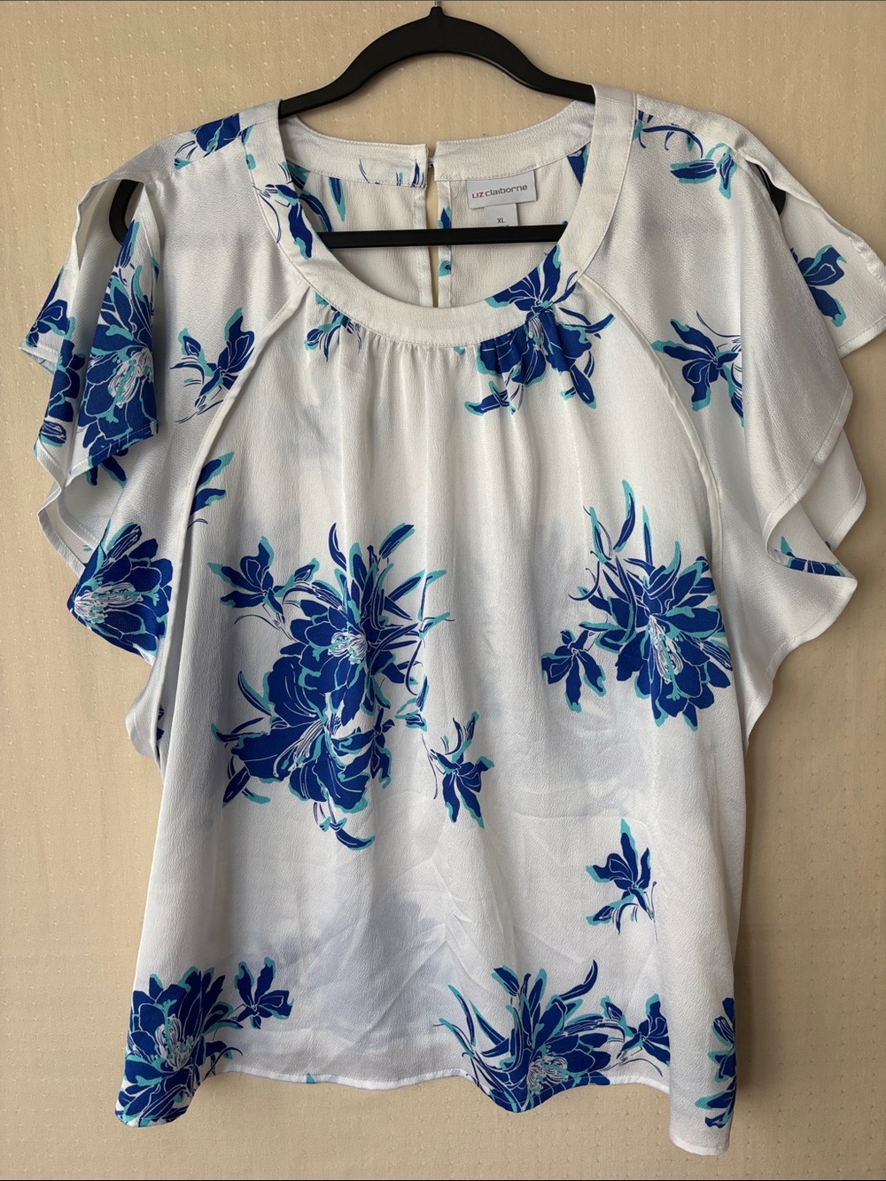Liz Claiborne White Top with Blue Floral Print and Flutter Sleeves